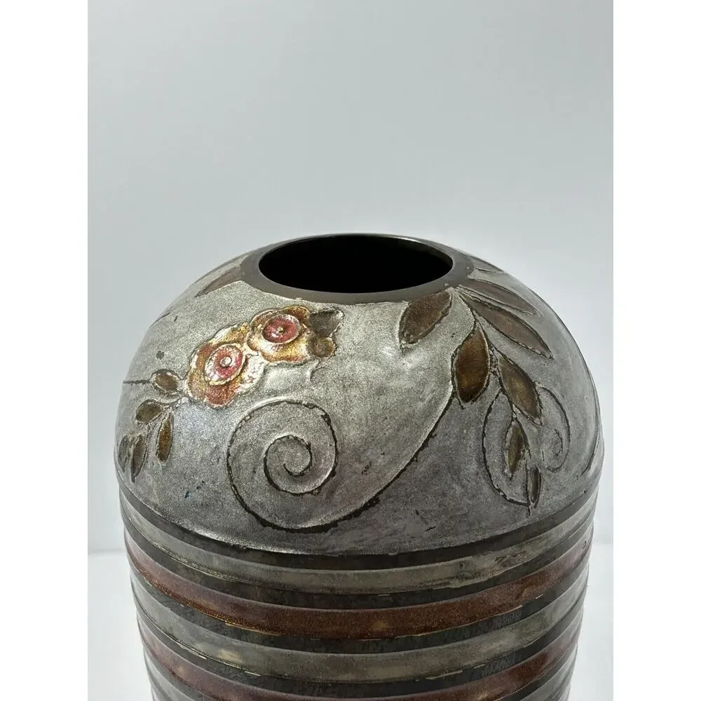 Vintage Brass Cloisonne Flower‎ Decor Vase~Floral~Earthtones~India~10.25